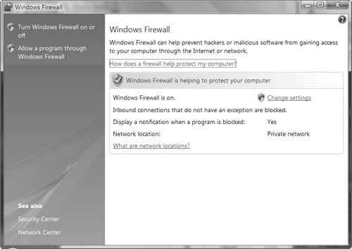 The Windows Firewall applet enables you to configure its basic settings including allowing programs.