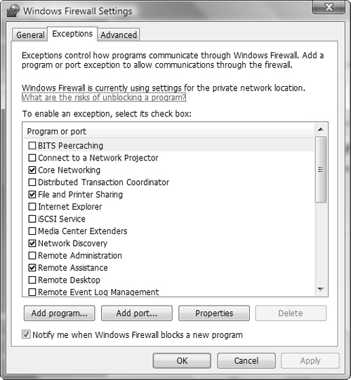 The Exceptions tab of the Windows Firewall Settings dialog box enables you to block or allow specific programs across the firewall.