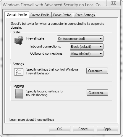 The Windows Firewall with Advanced Security on Local Computer dialog box enables you to configure profiles that are specific for domain, private, and public networks.