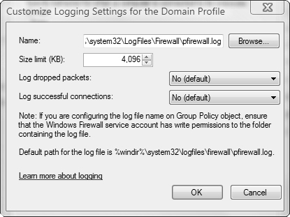 You can customize logging settings for each of the Windows Firewall profiles.