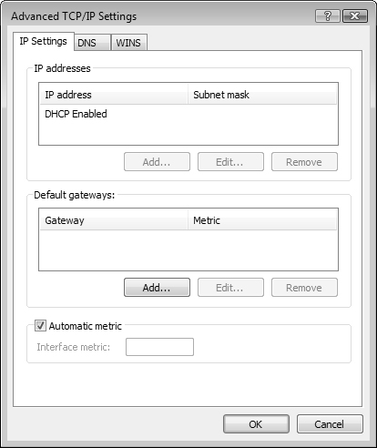 The Advanced TCP/IP Settings dialog allows you to control granular IP addressing options.