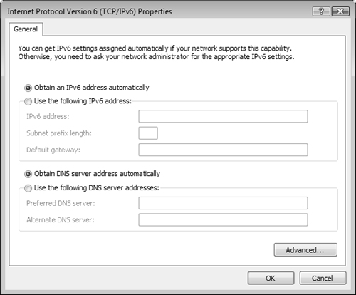 The Internet Protocol Version 6 (TCP/IPv6) Properties dialog box lets you define manual or dynamic IPv6 address information.