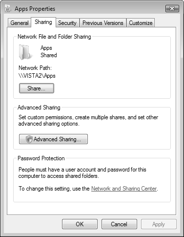 The Sharing tab of a folder’s Properties dialog box enables you to modify shared folder properties.