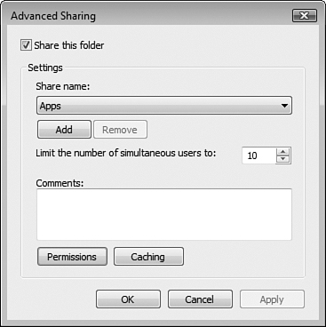 The Advanced Sharing dialog box enables you to configure several properties of shared folders.