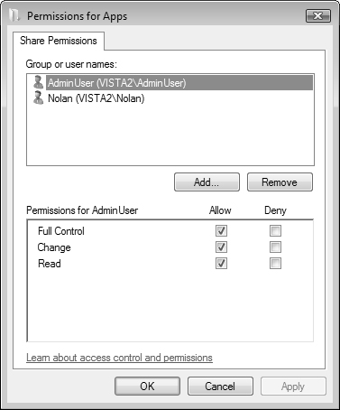 The Permissions dialog box enables you to configure permissions that apply to users accessing the folder across the network.