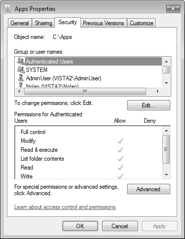 The Security tab of a folder’s Properties dialog box enables you to configure granular permissions for users and groups accessing the folder.