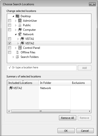 The Choose Search Locations dialog box enables you to search network locations for shared resources.