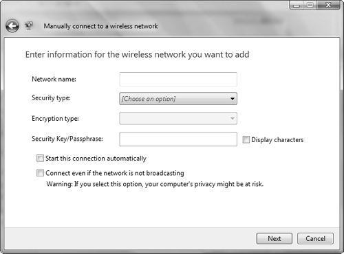 The Manually Connect to a Wireless Network page enables you to enter the information required for connecting to a wireless network.