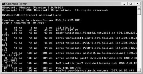 The tracert command provides detailed information about the path that data travels between two IP hosts.