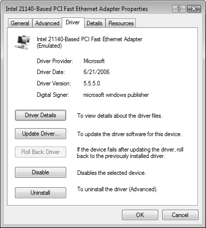 The Properties dialog box for a device provides information on the device’s configuration including driver options.