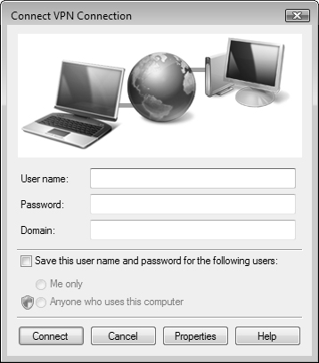 Use the Connect VPN Connection dialog box to access the connection you have configured.