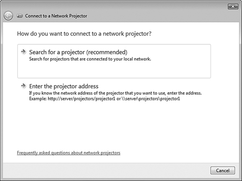 The Connect to a Network Projector Wizard enables you to search for a projector or enter the projector address.