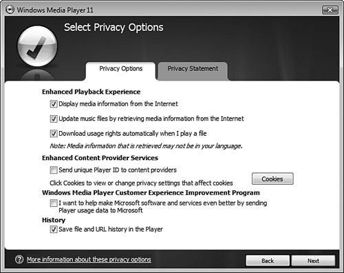 The Select Privacy Options screen enables you to select options related to playback experience, content provider services, usage data, and history.