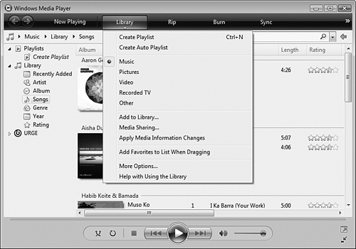 The Library toolbar menu provides navigation options that assist you to locate the desired media.