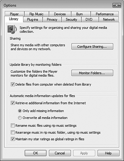 The Options dialog box enables you to configure a large range of Windows Media Center options.