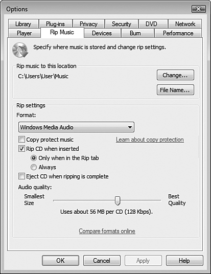 The Rip Music tab of the Options dialog box enables you to specify settings that govern the copying of music from audio CDs and DVDs.