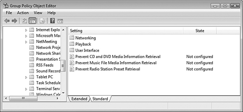 Group Policy Object Editor offers policy settings that govern the behavior of Windows Media Player.