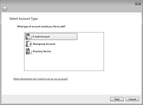 Windows Mail enables you to create three types of accounts.