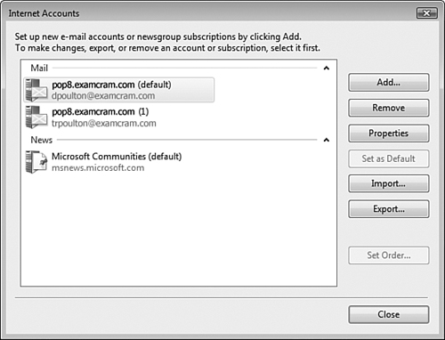 You can manage all email and newsgroup accounts from the Internet Accounts dialog box.