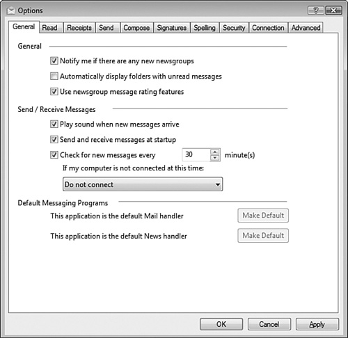 The Options dialog box enables you to configure an extensive range of options for Windows Mail.