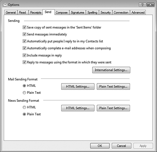 The Send tab of the Options dialog box contains a series of options that govern messages you send.