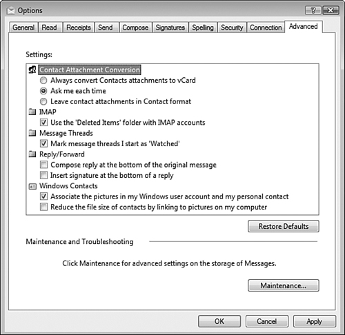 The Advanced tab of the Options dialog box contains additional email settings as well as a link to a Maintenance dialog box.