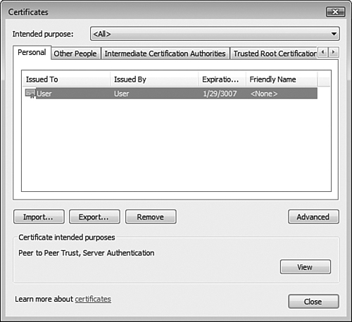 The Certificates dialog box enables you to view details of and manage your digital certificates.