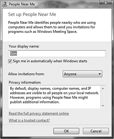 Windows Meeting Space invites you to set up the People Near Me application.