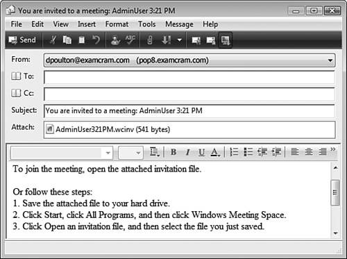 Windows Meeting Space prepares and emails invitations to others.