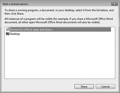 The Start a Shared Session dialog box enables you to share a program or your Windows desktop.