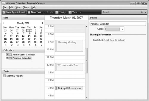 You can configure multiple calendars in Windows Calendar and display events associated with each calendar in a different color.