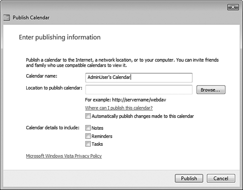 The Publish Calendar dialog box enables you to publish a calendar and select the details to be published.