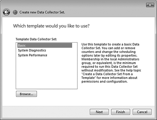 The Create New Data Collector Set Wizard enables you to use several different templates.