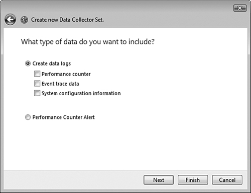 You can create several types of logs or alerts from the Create Manually option in the Create New Data Collector Set Wizard.