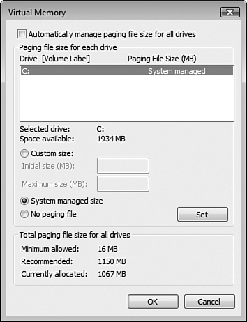 You can modify paging file properties from the Virtual Memory dialog box.