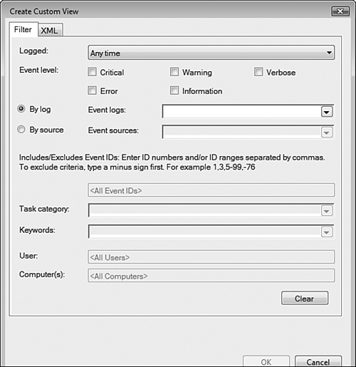 You can create custom views that filter event logs according to several categories.