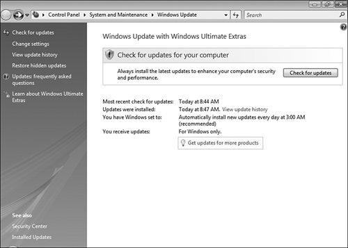 The Windows Update applet in Control Panel enables you to configure the various functions available or manually check for updates.
