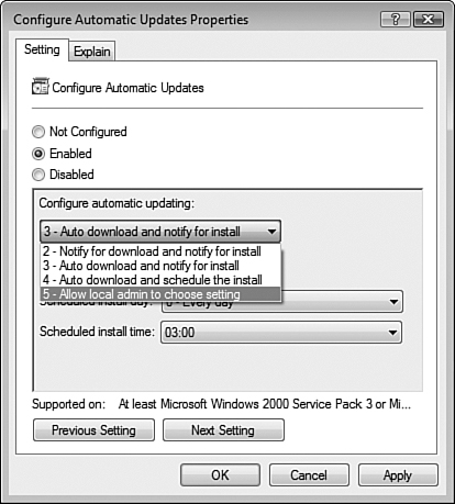 The Configure Automatic Updates Properties dialog box offers four choices for configuring automatic updating of Vista computers.