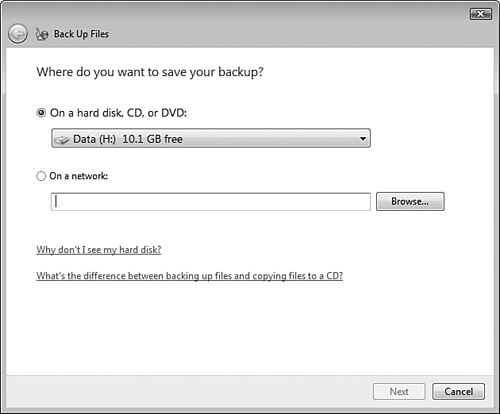 The Back Up Files screen enables you to save your backup to a hard disk, CD, DVD, or network shared folder.