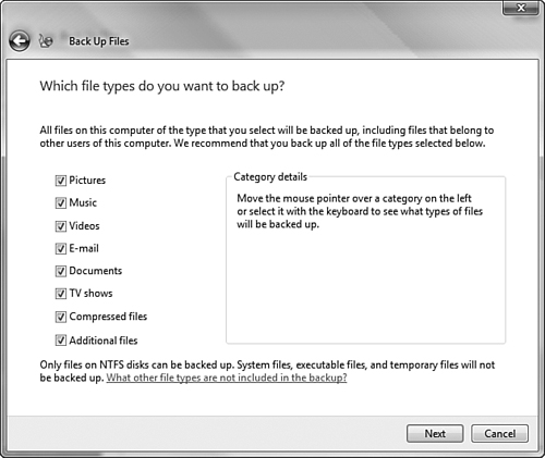 The Which File Types Do You Want to Back Up screen enables you to select which types of files are to be backed up.