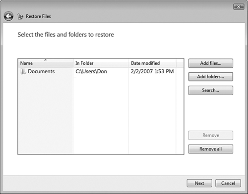 The Select the Files and Folders to Restore screen enables you to choose which files and folders are to be restored.