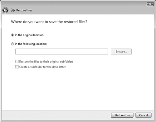 The Where Do You Want to Save the Restored Files screen enables you to select a location to save the restored files.