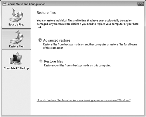 The Backup Status and Configuration dialog box also enables you to perform file and folder restores.