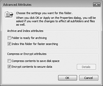 The Advanced Attributes dialog box enables you to either compress or encrypt a file.