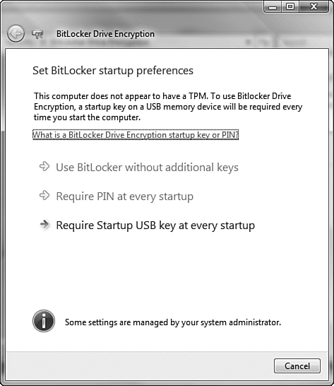 The Set BitLocker Startup Preferences dialog box provides options for starting your computer.