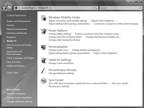 Portable computers feature the Mobile PC Control Panel category for performing activities specific to mobile computing.