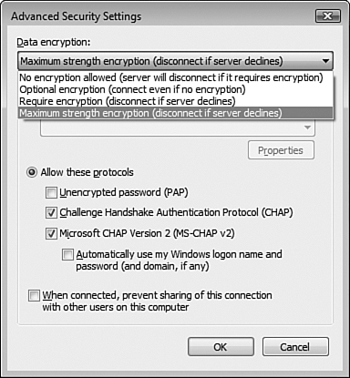 The Advanced Security Settings dialog box enables you to specify the level of encryption used in a VPN connection.