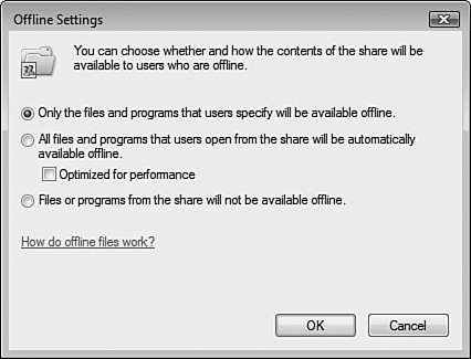 The Offline Settings dialog box provides two options for enabling offline caching in Windows Vista.