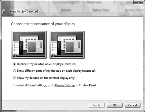 The New Display Detected dialog box enables you to specify how your external monitor will function.