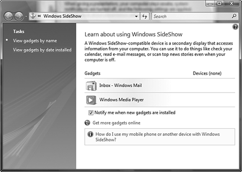 The Windows SideShow applet enables you to configure gadgets used with this application.